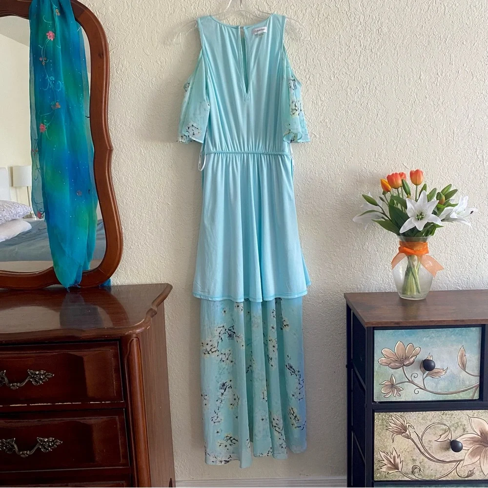 Calvin Klein 6 Maxi Dress Aqua Blue Asian Floral Cold Shoulder Chiffon Flowy - Picture 11 of 13